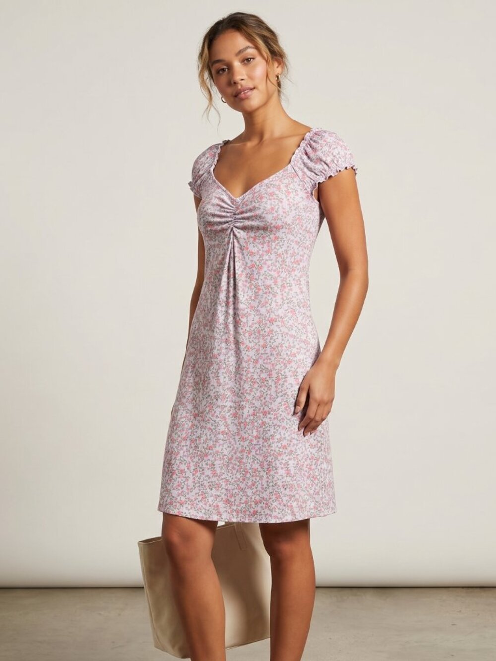 NWT | Pink Floral Print Milkmaid Style Ruched Bust Puffy Sleeve Mini Dress | XLa
